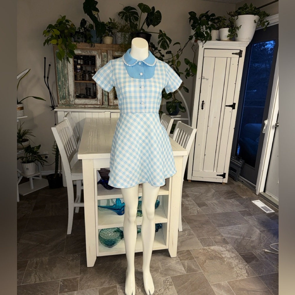 🍄1960s baby blue/white gingham dress a scalloped Peter Pan rockabilly collar